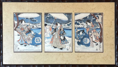 Утагава Кунисада (1786 - 1865) - Триптих "Снег". Около 1850 г. Бумага, цветная ксилография, 35.5 х 
