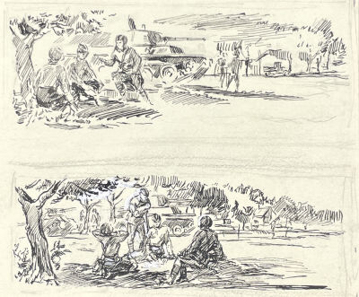 Неизвестный художник - Отдых танкистов. Иллюстраци. 1941-1945 гг. Бумага, тушь, в паспарту - 20.3 