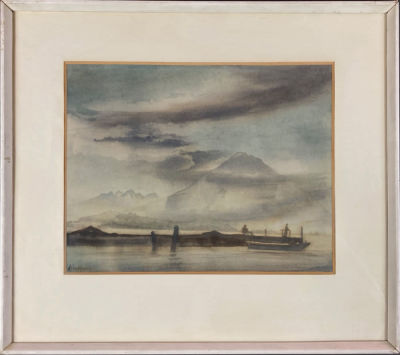 Оскар Нерлингер (Nerlinger Oskar) (1893-1969) - Лунная ночь на Боденском озере. 1942 г. Бумага 