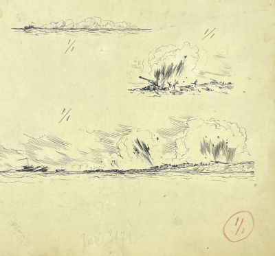 Неизвестный художник - Лист с тремя иллюстрациями. 1943 г. Бумага, тушь, 22.2 х 24.3 смИзображено 