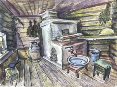 Талашенко Владимир Иванович (1915-1988) - Изба. 1960-е гг. Бумага, акварель, тушь, 35.9 х 48 см