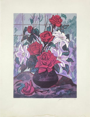 Вертинская Лидия Владимировна (1923-2013) - Букет с розами. 1960-е гг. Бумага, цветная линогравюра 