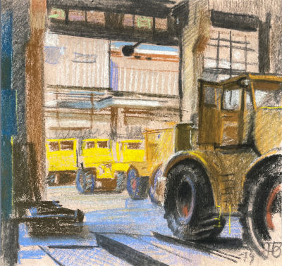 Пугачёв Юрий Владимирович (1933-1998) - Первые трактора. 1960-е гг. Бумага, пастель, 36.1 х 44.1&laquo;Я 