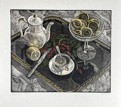 Самородов Николай Парментович (1928-1997) - Утренний чай. 1963 г. Бумага, цветная линогравюра 