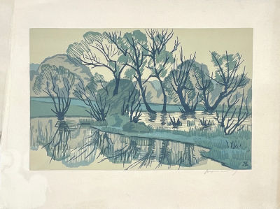 Вертинская Лидия Владимировна (1923-2013) - Весенний пруд 1966 г. Бумага, цветная линогравюра 