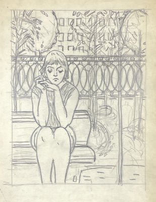 Андрушкевич Владимир Ильич (1923-2010) - На бульваре. Эскиз линогравюры. XX в. Бумага, карандаш 