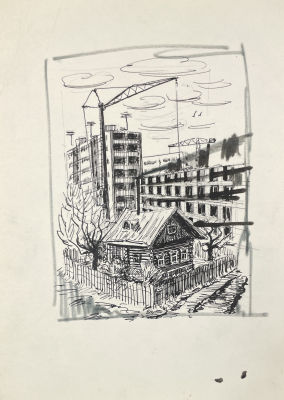 Пудовкин Николай Ефимович (1919-1998) - "Старое и новое. Городской пейзаж". 1980 г. Бумага, тушь 