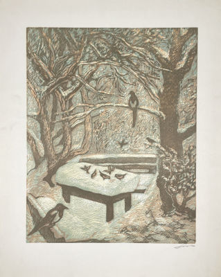 Арцыбушев Алексей Петрович (1919-2017) - Воробьи в надежде. Бумага, цветная линогравюра, 49.4 х 