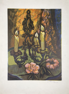 Арцыбушев Алексей Петрович (1919-2017) - Натюрморт с канделябром. Бумага, цветная линогравюра 