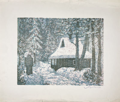 Арцыбушева Варвара - Домик в Михайловском. Бумага, цветная линогравюра, 46.2 х 53.3 см