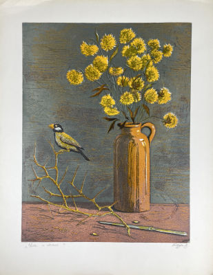Клеруа Виталий Глебович (1954-2018) - Цветы и птичка. 1980 г. Бумага, цветная линогравюра, лист - 