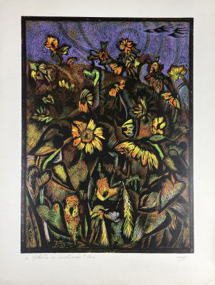 Ежов Николай Алексеевич (1940-2008) - Цветы и ласточки. 1986 г. Бумага, цветная линогравюра, лист 