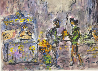 Рыбченкова Лора Борисовна (1928 г.р.) - Город. Улица. Цветы. 1988 г. Бумага, гуашь, тушь, 27.9 х 