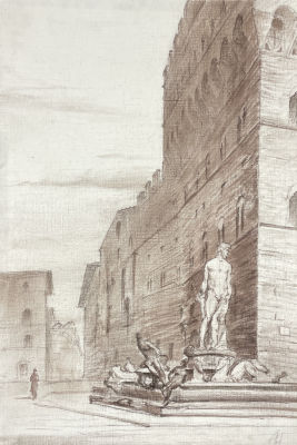 Ноаров Андрей Игоревич (1977 г.р.) - На площади Синьории во Флоренции. 2008 г. Бумага, сепия, 29.5 