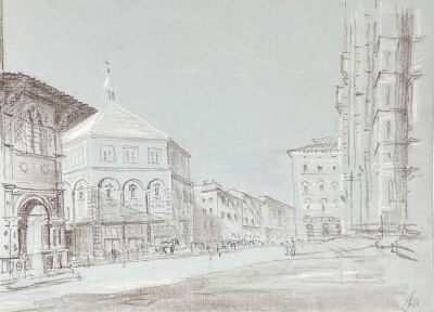 Ноаров Андрей Игоревич (1977 г.р.) - Площадь Дуомо во Флоренции. 2016 г. Бумага,сепия, мел, 20.5 х 