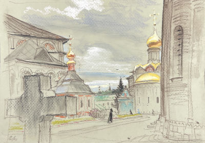 Ноаров Андрей Игоревич (1977 г.р.) - В Троице-Сергиевой лавре. 2021 г. Бумага, пастель, акварель,