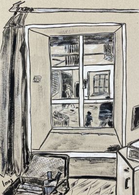 Имар Марина (1984 г.р.) - Мастерская на Марата. Окно. 2023 г. Картон, гуашь, маркер, 41.4 х 29.7 