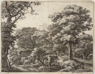 Антони Ватерлоо (1609-1690) - Лесной пейзаж с путником и собакой. Около 1650 г. Бумага, офорт 