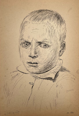 [Из коллекции Табачникова Е.М.] Бурыкин Николай - Портрет мальчика. 1933 г. Бумага, тушь, 30.9 х 