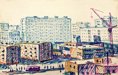 Лучишкин Сергей Алексеевич (1902-1989) - Город. Бумага, цветные карандаши, фломастеры, 19 х 29.7 