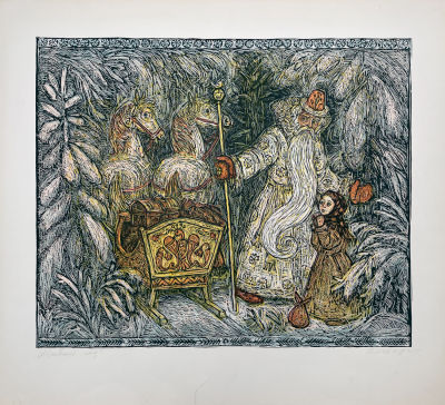 Комаров Александр Алексеевич (1926 г.р.) - Новый год. 1971 г. Бумага, цветная линогравюра, 45 х 50 