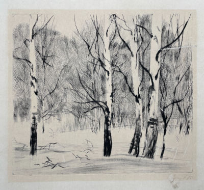 Звонцов Василий Михайлович (1917-1994) - Березы в снегу. 1973 г. Бумага, сухая игла, изображение - 