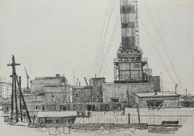 Соколов Семён Семёнович (1929-2008) - ТЭЦ. 1977 г. Бумага, карандаш, 8.5 х 40.5 см