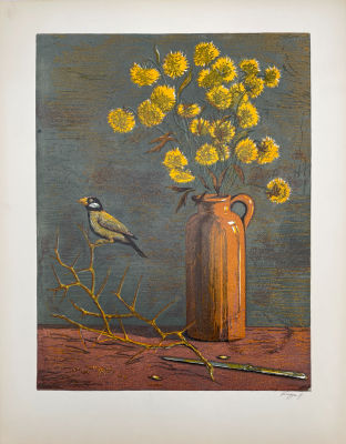 Клеруа Виталий Глебович (1954-2018) - Цветы и птичка. 1980 г. Бумага, цветная линогравюра, 53.9 х 