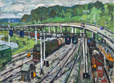 Чижонков Александр Тимофеевич (1930-2008) - Железнодорожные пути. 1980-е гг. Картон, гуашь, 39.9 х 