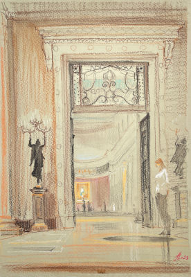 Ноаров Андрей Игоревич (1977 г.р.) - Интерьер с картиной Мурильо. 2023 г. Бумага, пастель, 29.5 х 21 см