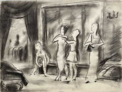 Бодрова Генриетта Тихоновна (1927-2008) - В фойе. Вторая половина XX в. Бумага, уголь, 35.9 х 47.9 