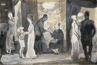 Бодрова Генриетта Тихоновна (1927-2008) - В фойе. Вторая половина XX в. Бумага, гуашь, белила 