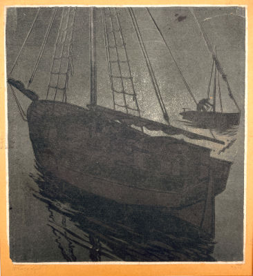 Пискарев Николай Иванович (1892-1959) - Парусник. . Цветная гравюра на линолеуме, 27 х 25 см 