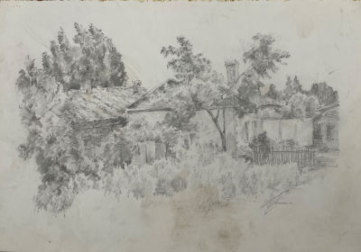 Борзенок Евгений Иванович (1947 г.р.) - Деревня. 2000-е гг. Бумага, графитный карандаш, 21.5 х 