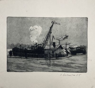 Бетехтин Орест Георгиевич (1928-2020) - На Малой Неве. 1955 г. Бумага, офорт, 14 х 20 см