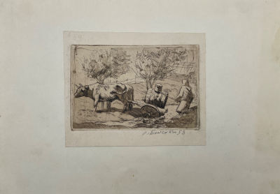 Бетехтин Орест Георгиевич (1928-2020) - Волы. 1953 г. Бумага, цветной офорт, 12 х 14.7 см 