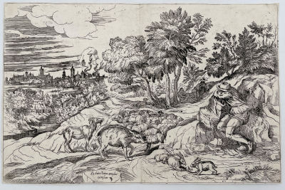 Лефевр, Валентин (1642-1682) по рисунку Тициана (1488-1576) - Пейзаж со спящим пастухом. Около 1680 г.