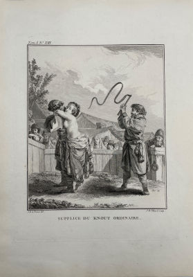 Лепренс, Жан Батист (1734–1781) - Наказание кнутом. 1768 г. Бумага, гравюра резцом, лист - 33.4 х 