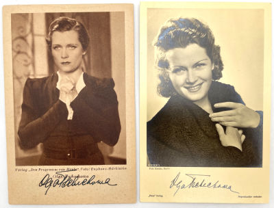 Открытки с изображением Ольги Чеховой. 2 шт. 14 х 9 см . Одна открытка с автографом. 
Ольга 