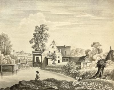 Неизвестный художник - Деревенский пейзаж. Конец XVIII века. Бумага, черная тушь, 9.4 х 11.7 см