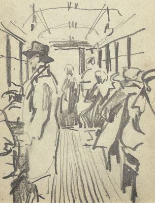 Вишняков Олег Николаевич (1935-2012) - В трамвае. Вторая половина XX в. Бумага, карандаш, 12.6 х 