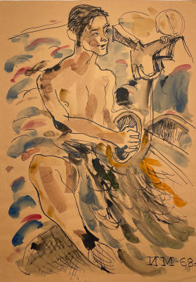 Майоров Игорь Евгеньевич (1946-1991) - Мальчик и велосипед. 1968 г. Бумага, акварель, тушь, 44.8 х 