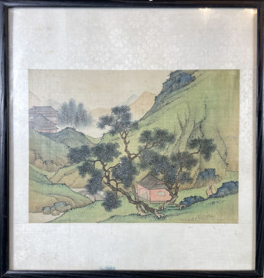 Неизвестный китайский художник - "Горный пейзаж с деревом". XIX в. Бумага, цветная ксилография, 20 
