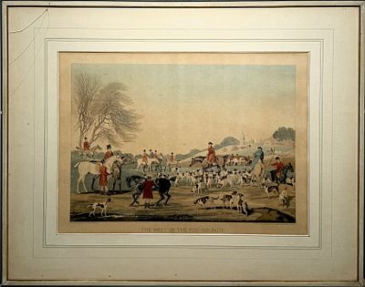 Встреча гончих. 1840 г. Бумага, акватинта, в раме - 71 х 56 см, оттиск - 49 х 36 см 
Имеется 