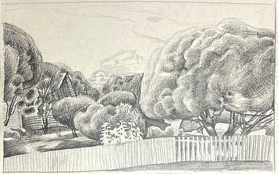 Шабаев Александр (2001 г.р.) - Сад в Феропонтово. 2022 г. Бумага, карандаш, 26.2 х 41.5 см