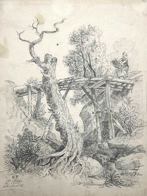 (П) [Предположительно] Дюссельдорфская школа - Пейзаж с ручьем. 1865 г. Бумага, графитный карандаш 