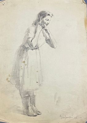 (П) Заявицкий В. П. - Девушка в сапогах. 1955 г. . Бумага, карандаш. 28,5 х 20 см 
Подпись и 