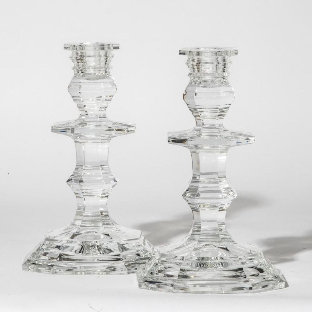 Lot 308: Baccarat signed glass candlesticks