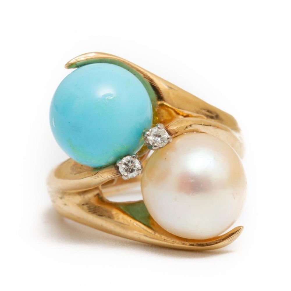 Lot 388: Ring, 14K Gold Pearl, Turquoise and Diamond Ring