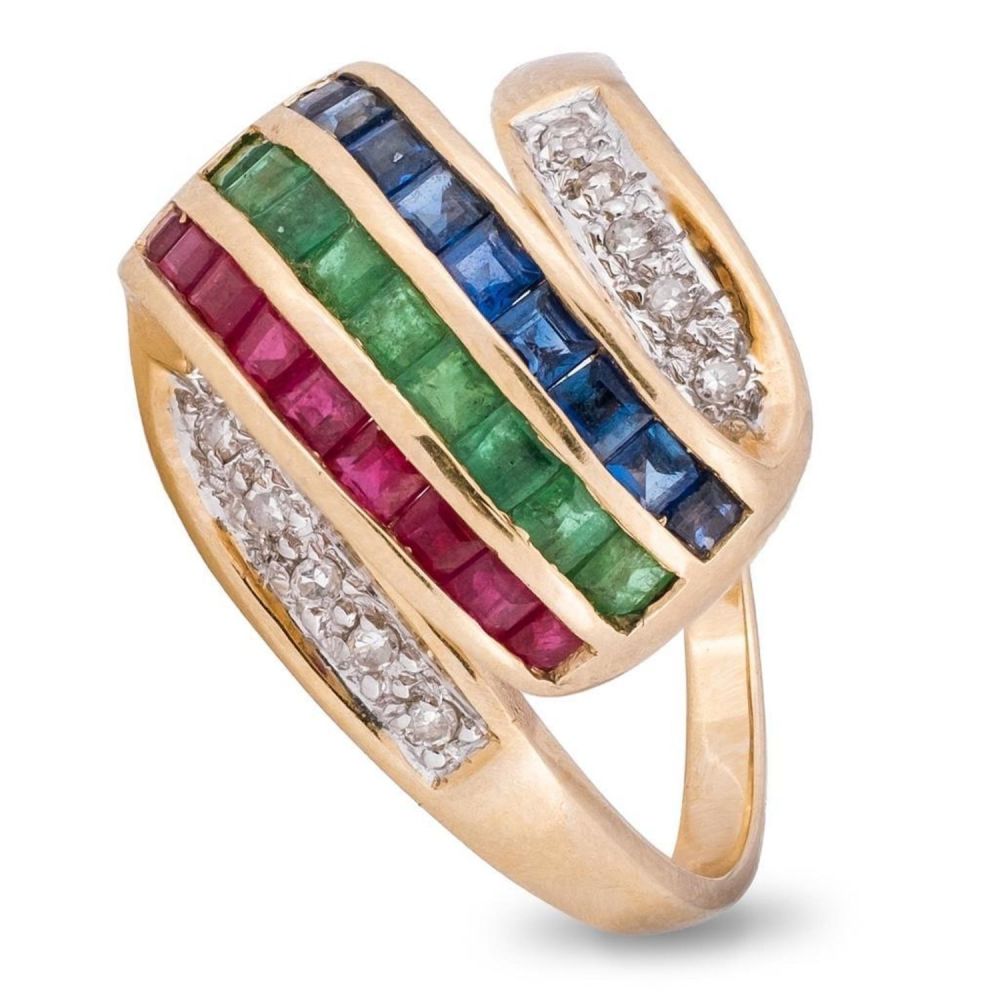 Lot 405: Ring, 14K Gold Emerald Diamond Ruby Sapphire Ring